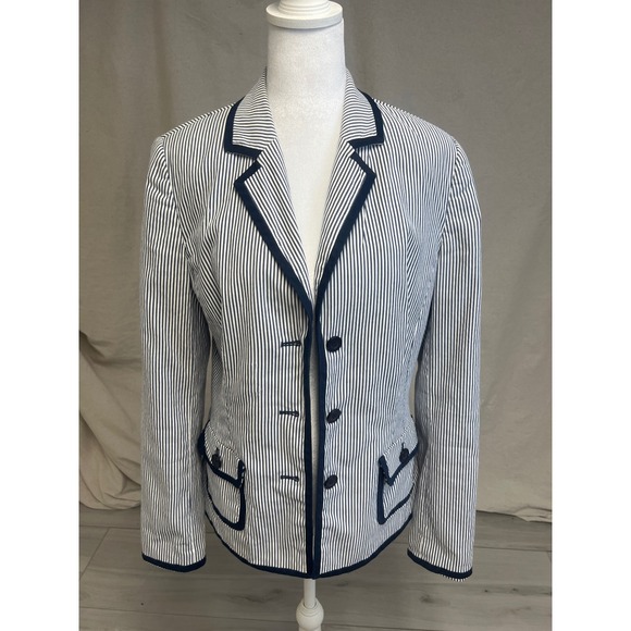 Peck & Peck Jackets & Blazers - Peck & Peck Blazer Seersucker Striped Navy White Sz 8 Nautical Preppy Coastal